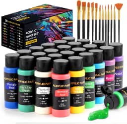 Conjunto de tinta acrílica, 24 cores (56,7 g/frasco) com 12 pincéis de arte, materiais de arte para pintura de tela, madeira, cerâmica e tecido, pigmentos ricos de qualidade duradoura para iniciantes