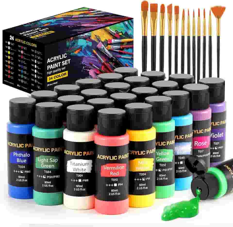 Conjunto de tinta acrílica, 24 cores (56,7 g/frasco) com 12 pincéis de arte, materiais de arte para pintura de tela, madeira, cerâmica e tecido, pigmentos ricos de qualidade duradoura para iniciantes