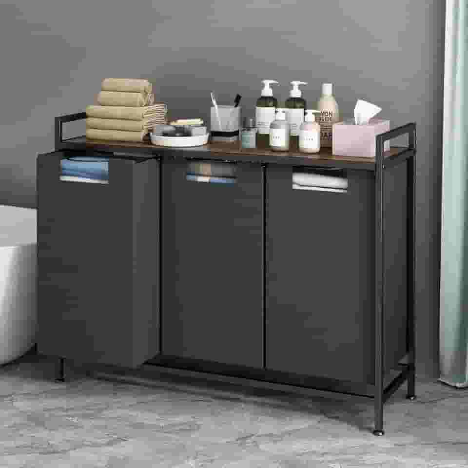 Cesto de Roupa Suja de 3 Sacos, Cesto de Armazenamento de Roupas com Tampa, Espaco de Armazenamento Extra na Parte Superior e Sacos de Roupa Removíveis Cesto