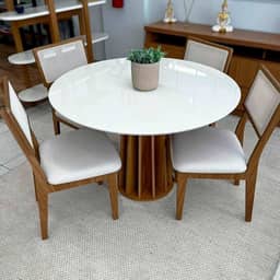 Dalla Costa, Conjunto Mesa de Jantar Redonda 4 Cadeiras Enconto Tela 100% MDF Branco/Bege Dalla Costa
