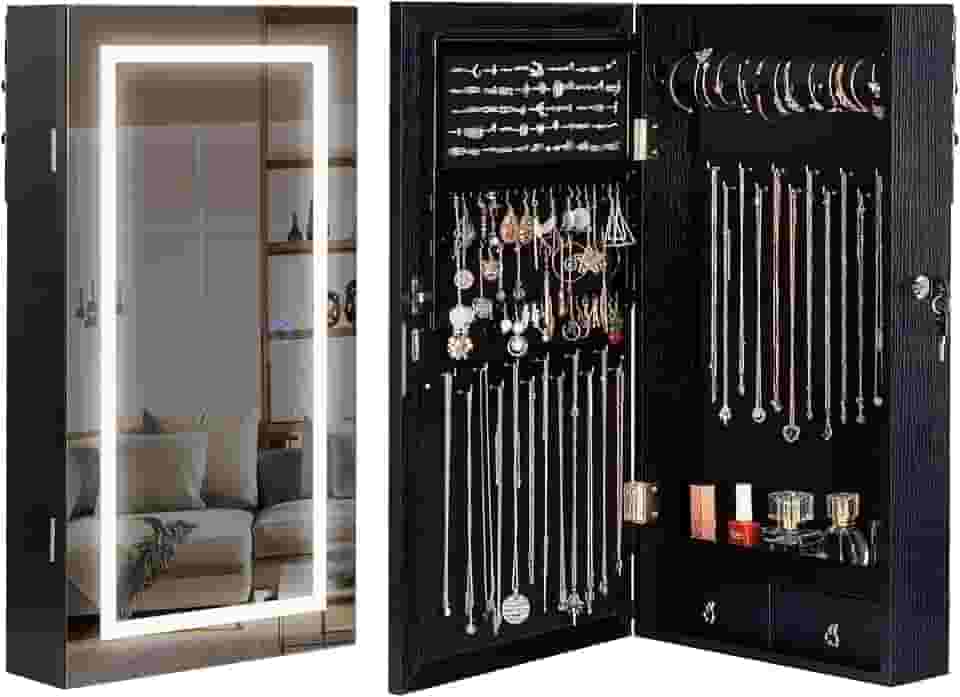 LAVIEVERT Armário de joias com espelho iluminado por LED, espelho sem moldura montado na parede/porta com 3 luzes coloridas, armário de joias bloqueável pendurado organizador de joias com 2 gavetas -