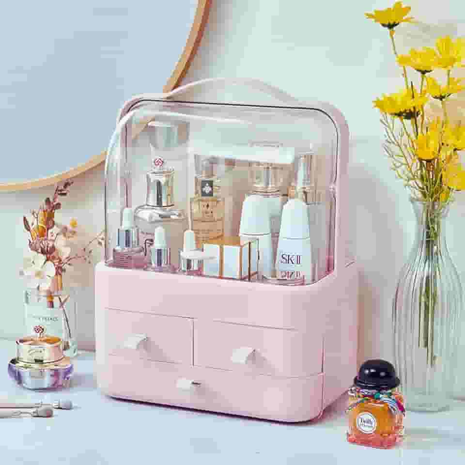 Porta Maquiagem e Organizador de Joias Multiuso – Acrílico Transparente com 3 Gavetas e Tampa Flip Top, Compartimentos para Cosméticos, Bijuterias e Acessórios, Rosa