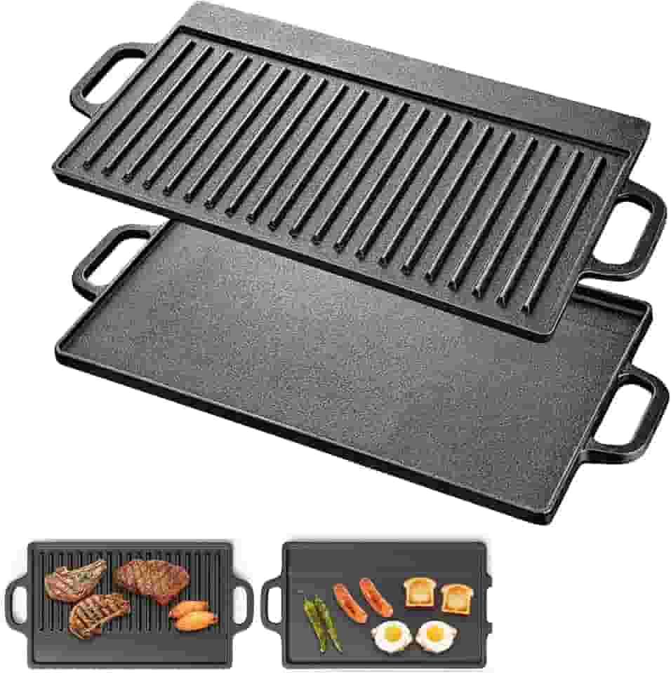 kit 1 Chapa de Ferro Fundido 37,5X22,5 cm, Frigideira Reversível Pré-Temperada,Panela de Grelhar de Ferro Fundido para Fogão a Gás,Pré-Revestida com Óleo,Usada dos Dois Lados em Fogo Abert e no Forno