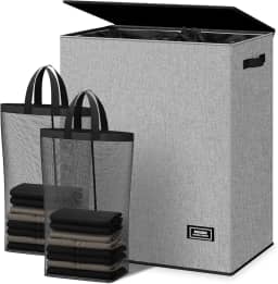 SOLEDI Cesto de roupa suja duplo com tampa e bolsa removível, cesta de roupa grande com 2 seções com alças, cestas de roupas sujas dobráveis para lavanderia, quarto, dormitório, faculdade