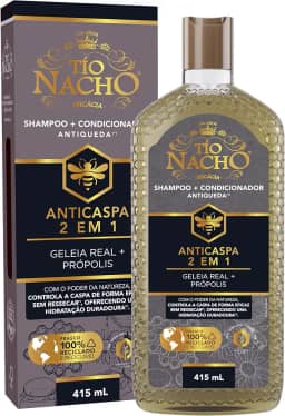 Tio Nacho Anticaspa 2 em 1 com Geleia Real e Extrato de Própolis, ajuda a combater a caspa do couro cabeludo diminuindo a sensação de coceira, deixando-o forte, hidratado e fácil de pentear 415 ml