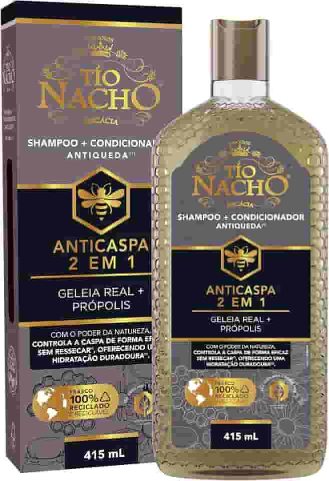 Tio Nacho Anticaspa 2 em 1 com Geleia Real e Extrato de Própolis, ajuda a combater a caspa do couro cabeludo diminuindo a sensação de coceira, deixando-o forte, hidratado e fácil de pentear 415 ml