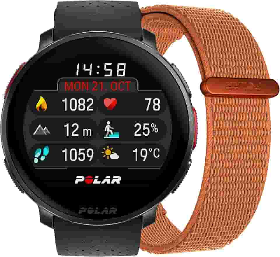 Polar Vantage V3 Preto + Pulseira Laranja Nylon com Velcro Laranja - Relógio esportivo GPS, monitor de frequência cardíaca e bateria duradoura, Smartwatch, mapa offline, relógio de corrida e triatlo