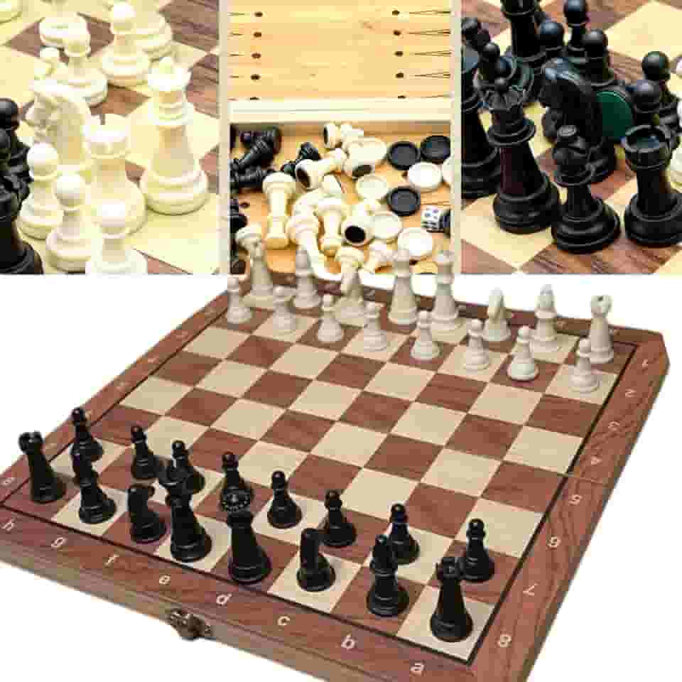 Tabuleiro Jogo de Xadrez 3 em 1, Tabuleiro Magnético em Madeira, 24x24 cm, Peças Pretas e Brancas, Dobrável portatil Tabuleiro Luxo, Portátil e Educativo | Presente Inteligente para Crianças e Adultos