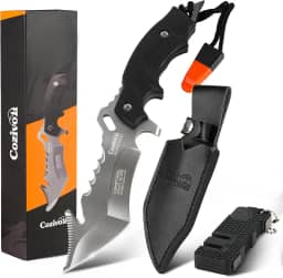 Faca de sobrevivência, faca de bolso de 10,5 cm de lâmina afiada para acampamento com bainha de couro, serra, whiestle de sobrevivência, afiador de facas, quebrador de vidro para acampamento