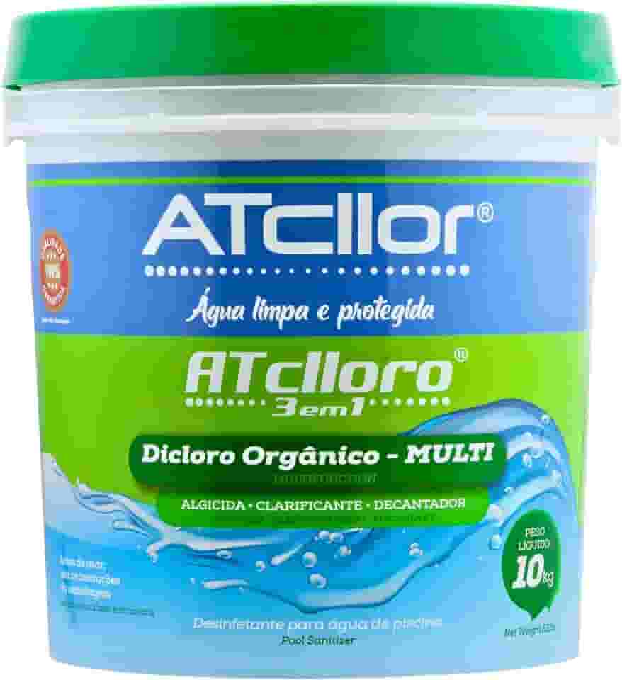 AtCllor, Cloro multifuncional 3 em 1, Orgânico, Concentrado e estabilizado para piscina, Clarifica, Algicida, Decanta, AtClloro, Teor de ativo 36,47%, Granulado, 10 Kg, Verde