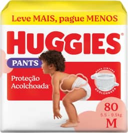 Fralda Pants Huggies Proteção Acolchoada Tamanho M 80 unidades – Nova Fralda Supreme Care estilo roupinha, que veste como shortinho e com cintura acolchoada super macia que previne marquinhas, fácil de colocar e tirar (embalagem pode variar)