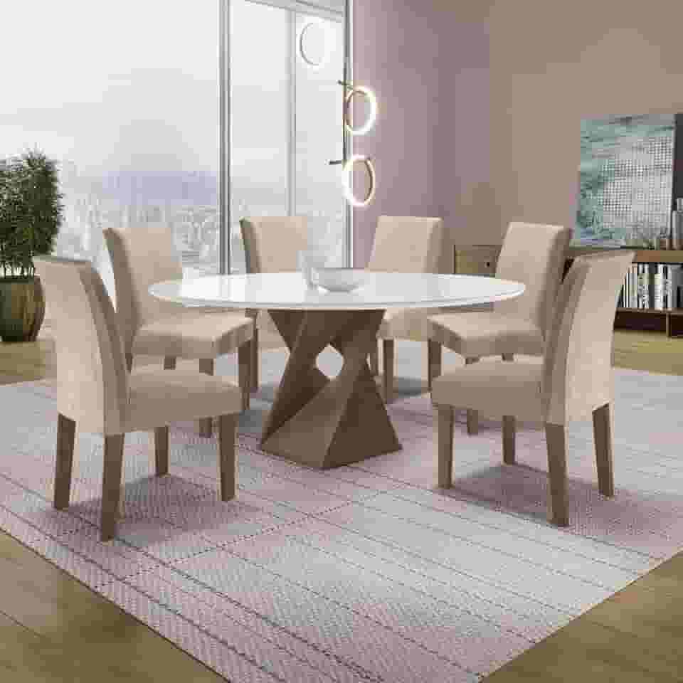 Conjunto Mesa Barcelona 120cmx120cm 6 Cadeiras Espanha Tampo Plus Redondo Vidro Yescasa Chocolate/Off White/Bege