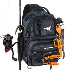 KastKing Bolsa de pesca BaitSpace, mochila de pesca resistente à água com suporte para vara e bebidas, alças ajustáveis, bolsa de armazenamento para equipamentos e equipamentos de pesca