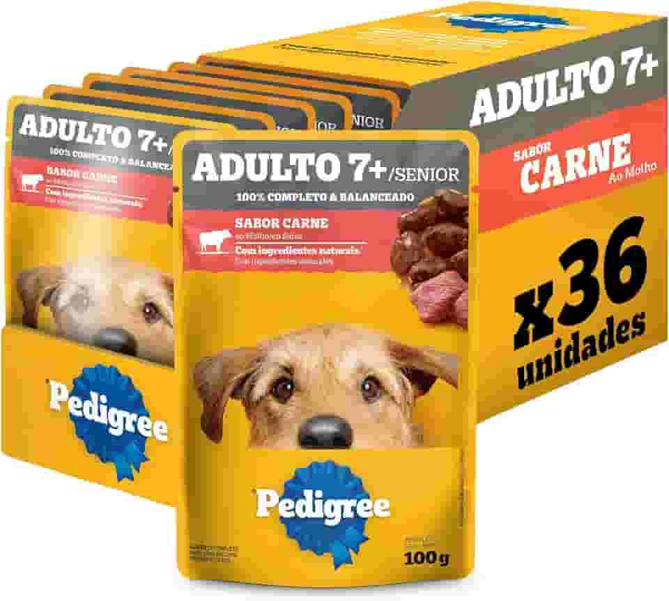 Packs de Ração Úmida Pedigree para Cães Adultos Sênior 7+ Anos, Sachê Carne ao Molho, 36 Sachês de 100 g