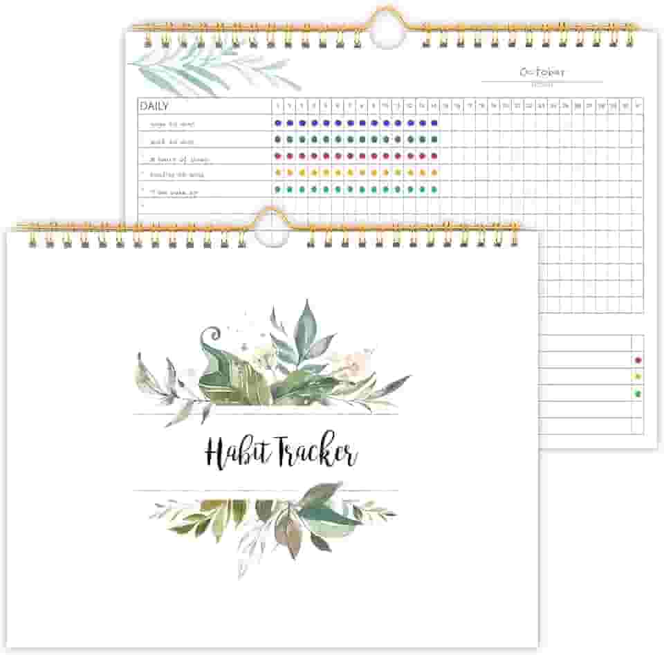 Calendário rastreador de hábitos - 12 meses sem data, diário, semanal e mensal, periódico de rastreador de hábitos, vegetação floral, encadernação em espiral com metas de escrita e materiais de