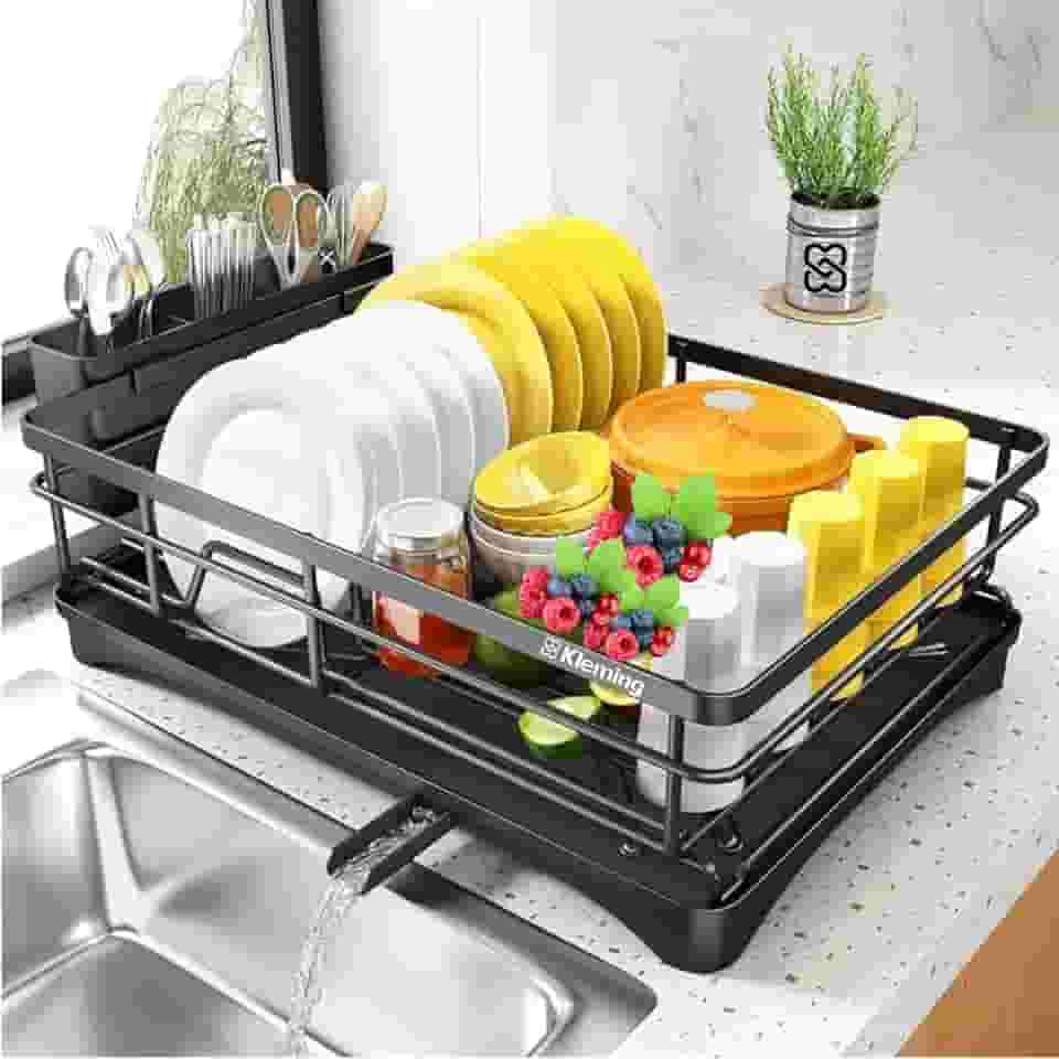 KLEMING| Escorredor De Louças Kleming, Preto em aço Carbono Resistente a Ferrugem com Bandeja, Multifuncional com Suporte de Utensílios, Antiderrapante, Preto.