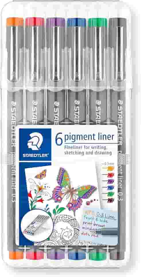 STAEDTLER Caneta Nankin Pigment Liner 4+2. Pontas Variadas: 0.05, 0.1, 0.2, 0.3, 0.5 e 0.8mm - Fineliner Permanente com Tinta Pigmentada, À Prova d’Água, Ideal para Escrita, Esboço e Desenho