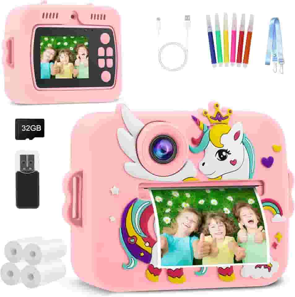 Câmera Infantil, Portátil Digital, Pode Selfie com 32GB Cartão, Papel Fotográfico, Canetas Coloridas, Vídeo HD, Brinquedos Meninas Meninos com Crianças de 3 a 14 Anos (Rosa)