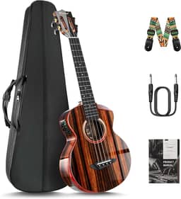 Caramel Ukulele elétrico e acústico tenor brilhante de ébano Cuteway da TEG91 com apoio de braço | Kit Ukelele profissional feito à mão de 66 cm com acessórios