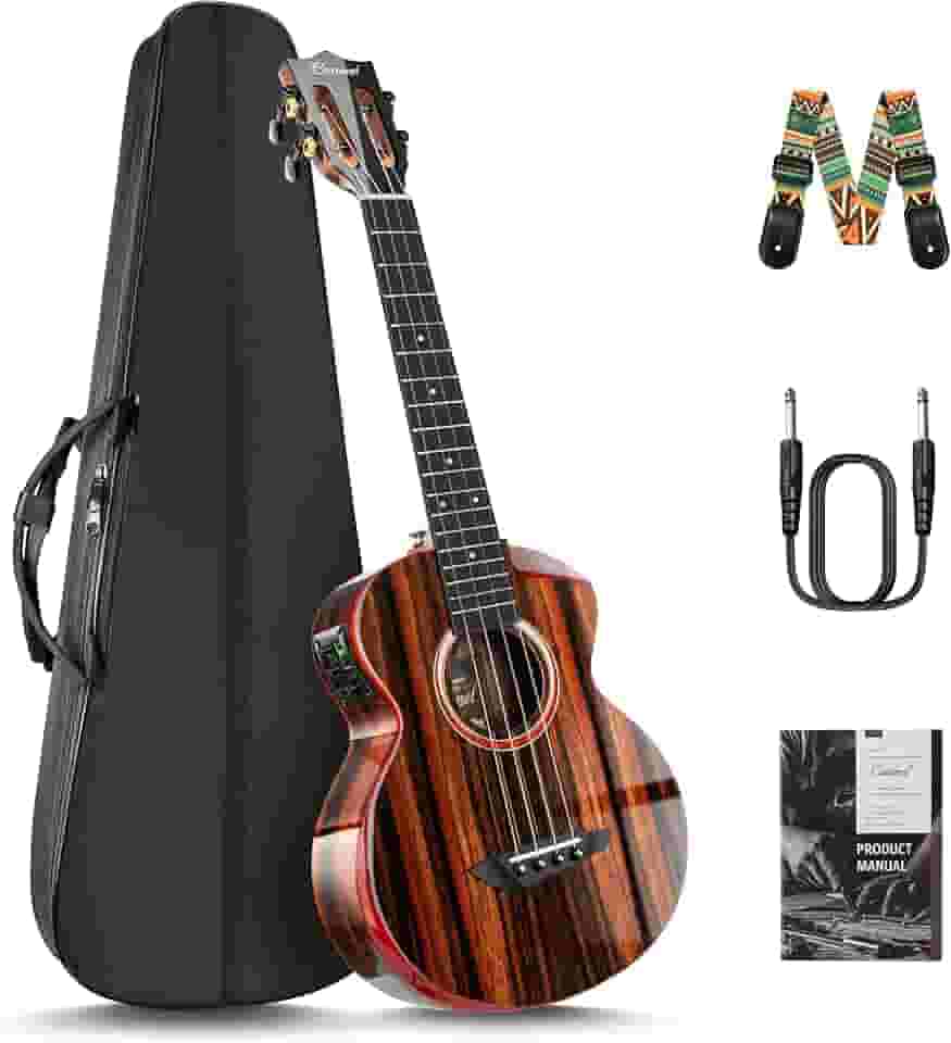 Caramel Ukulele elétrico e acústico tenor brilhante de ébano Cuteway da TEG91 com apoio de braço | Kit Ukelele profissional feito à mão de 66 cm com acessórios