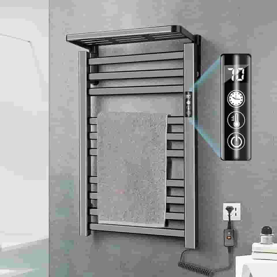 Toalheiro Termico, Secador de Toalhas Eletrico, Aquecedor de Toalha para Banheiro, Grande Quadrado Inox com Timer Embutido (Fio Lado Direito), Preta, 30°/35°/40°/45°/50°/55°/60°/65°/70° (220V)