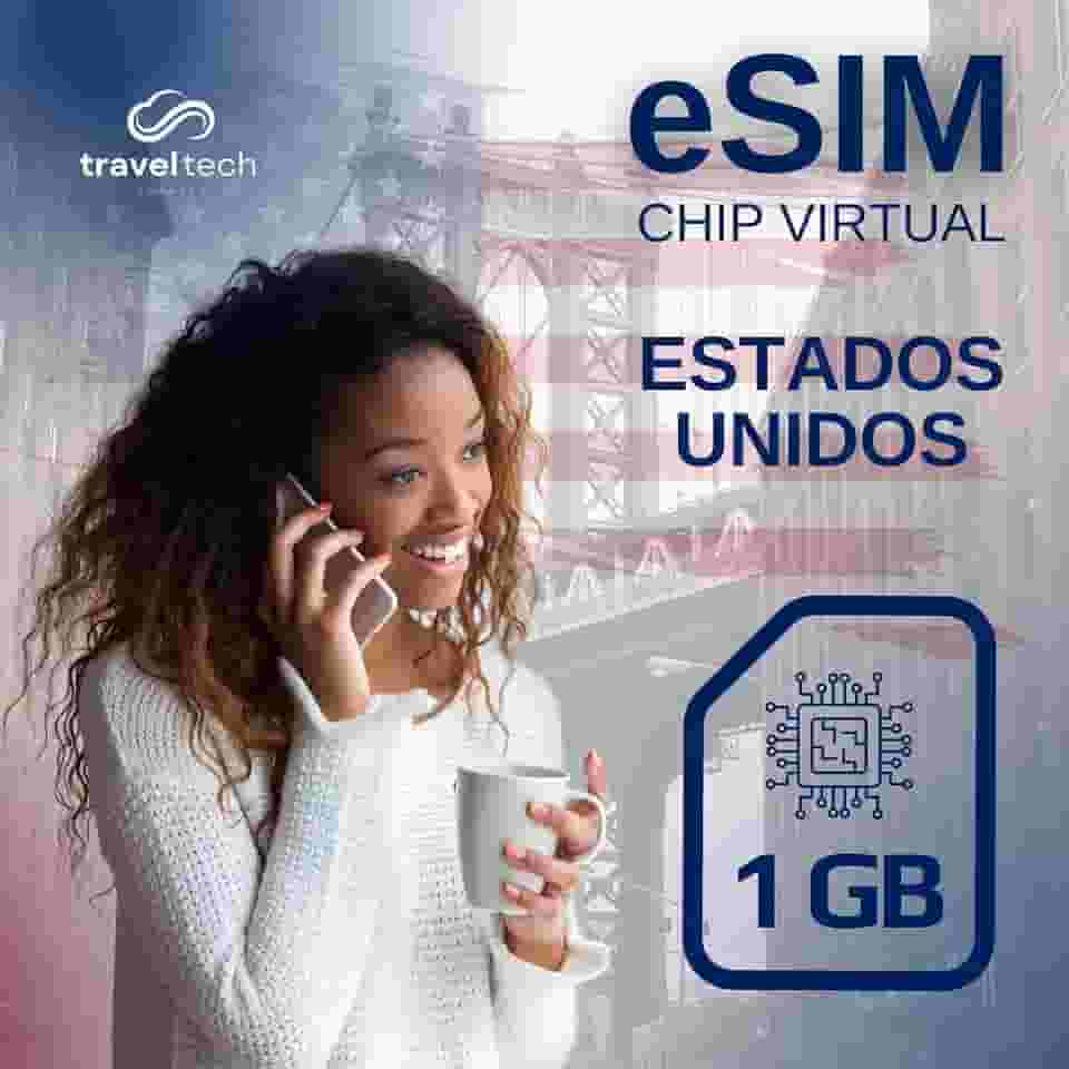 eSIM Estados Unidos 1GB por 7 Dias – Chip Virtual Internacional para Celular Compatível – Ativação Imediata via QR Code – Internet Rápida nos EUA – Travel Tech Connect