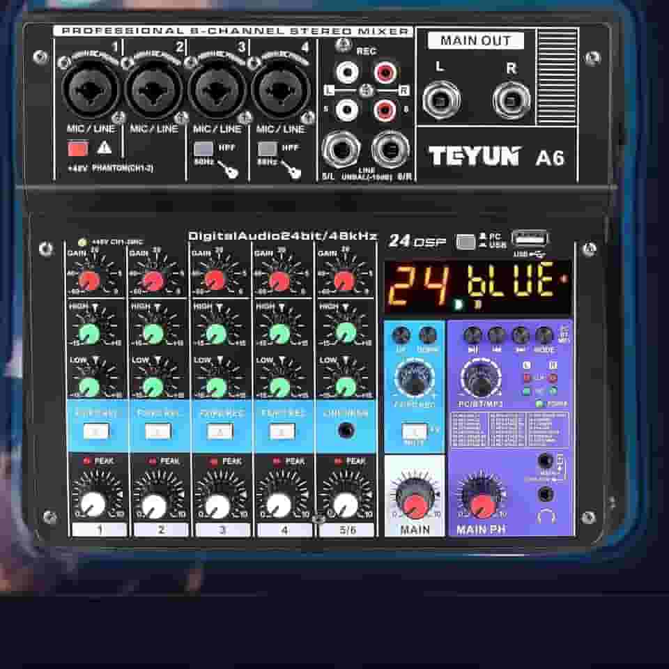 TE-YUN Mesa de Som Profissional 6 Canais | Mixer de Áudio com Bluetooth 5.0, USB, Entrada FX e 48V Phantom Power | Compatível com PC, Microfone, Instrumentos, Estúdio