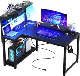 Homieasy - Computador Pequeno para Jogos com Mesa em L de 43 Polegadas, Tomadas Elétricas, Luz LED, Suporte para Monitor e Prateleiras de Armazenamento