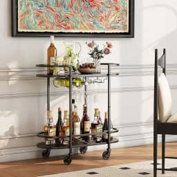 Carrinho de Bar Elíptico de Dois Níveis com Rodas, Carrinho de Bar de Casa com Rack de Vinho e Suporte de Copo de Vinho, Carrinho de Serviço para Casa, Restaurante, Festa, Preto