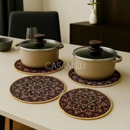 Kit 2 Descansos de Panela em Linho e Borracha CASAMILU Mandala Sol Nascente | Tamanhos 18cm e 20cm - Antiderrapante, Resistente ao Calor, Proteção para Superfícies