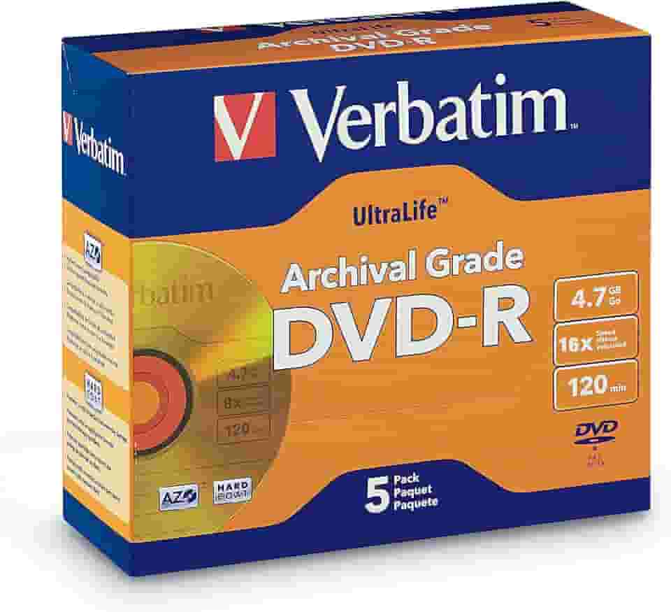 Verbatim DVD-R 4,7 GB 8X UltraLife Gold Archival Grade - Superfície e revestimento rígido da marca - 5 unidades de caixa de joias - 96320