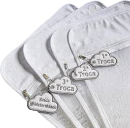 Kit com 4 Saquinhos Organizadores para Bolsa Maternidade, Tule Super Grosso, Tags Unissex, Cinza, com Chaveiro Bordado e Zíper