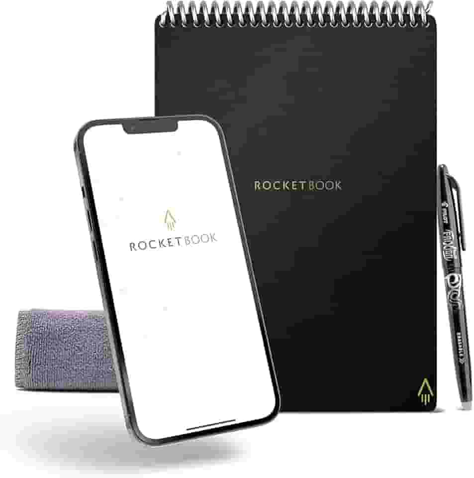 Bloco de Notas Rocketbook Flip – com 1 caneta Pilot Frixion e 1 pano de microfibra incluído – capa preta, tamanho executivo (15 x 22 cm)