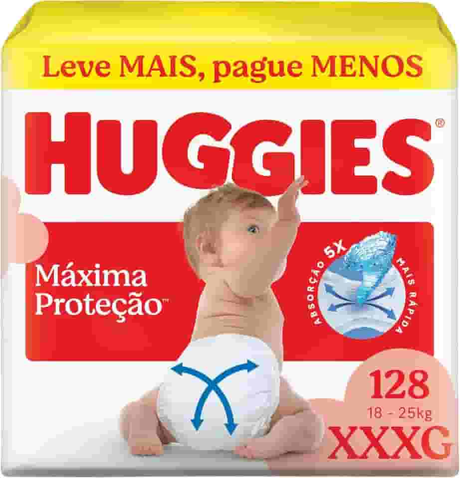 Fralda Descartável Huggies Máxima Proteção Tamanho XXXG 128 unidades – Fralda com tecnologia Xtra-Flex, canais em X que se adaptam aos movimentos e máxima proteção