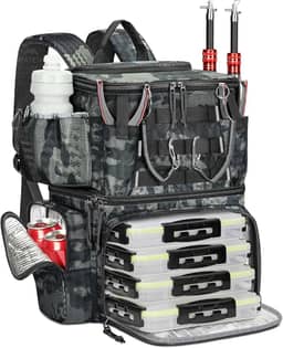 MATEIN Mochila de pesca com 4 caixas de equipamentos e suporte de vara, mochila de equipamento com bússola de segurança e compartimento isolado, bandeja de pesca resistente à água, equipamentos e