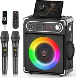 JYX Karaoke com 2 Microfone com Ajuste de Graves/Agudos, Karaoke Profissional com Controle Remoto, Luzes LED, Suporte para Cartão TF/USB/AUX, FM, REC, TWS para Festas