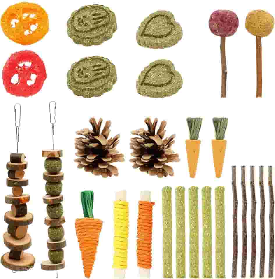 27 peças de brinquedos de mastigação de coelho, brinquedos de mastigar coelho natural, brinquedo de dentição de hamster de madeira segura, conjunto de mastigar hamster, bolas de feno natural Timothy e