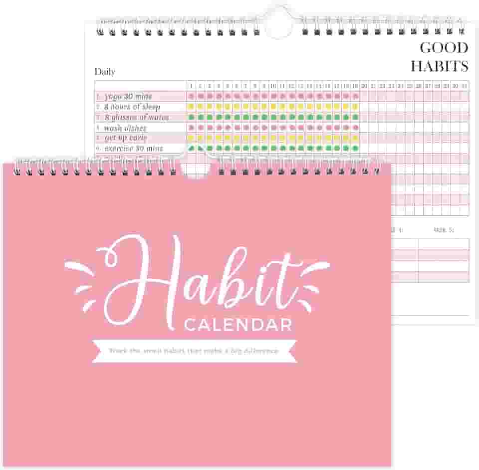 Diário rastreador de hábitos – Agenda semanal e mensal sem data com encadernação em espiral, 12 meses, 21 cm x 28 cm, rosa