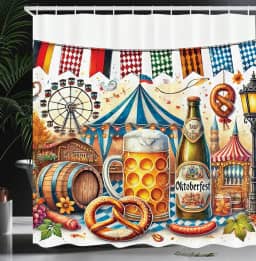 Lunarable Cortina de chuveiro Oktoberfest, cena festiva de itens clássicos da Baviera Folk Alemão Tenda de Cerveja Frankfurter, Conjunto de Decoração de Banheiro de Tecido de Tecido com Ganchos, 175