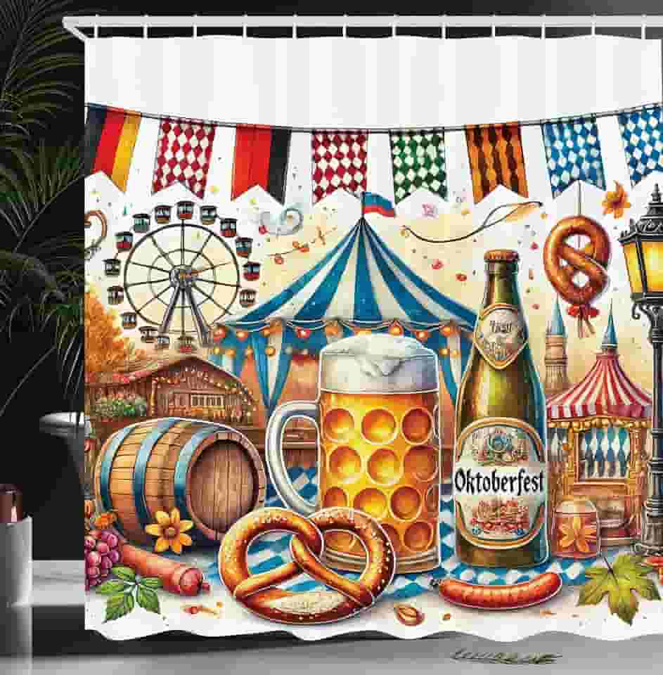 Lunarable Cortina de chuveiro Oktoberfest, cena festiva de itens clássicos da Baviera Folk Alemão Tenda de Cerveja Frankfurter, Conjunto de Decoração de Banheiro de Tecido de Tecido com Ganchos, 175