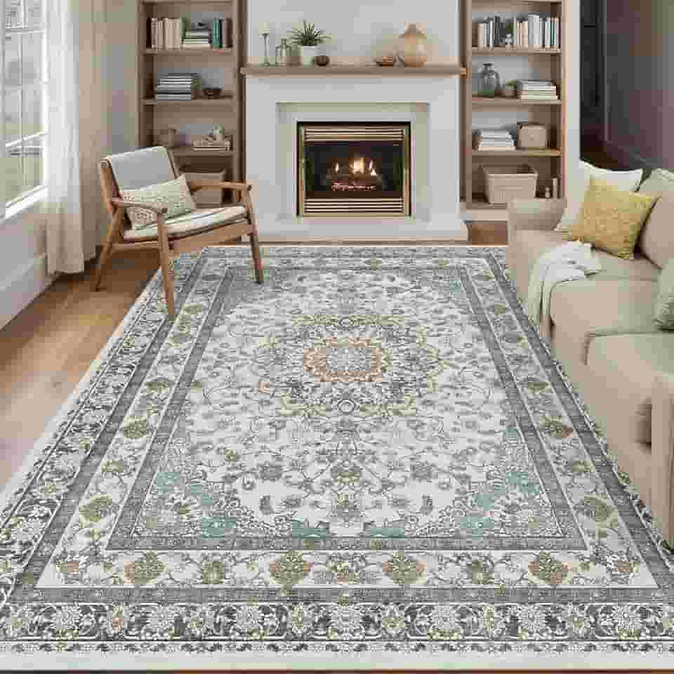 Tapetes de área laváveis cinza persa 20 x 25 para sala de estar, tapete grande vintage para quarto, sala de jantar embaixo da mesa, tapete antiderrapante de pelo baixo, tapete macio (20 x 25 cinza