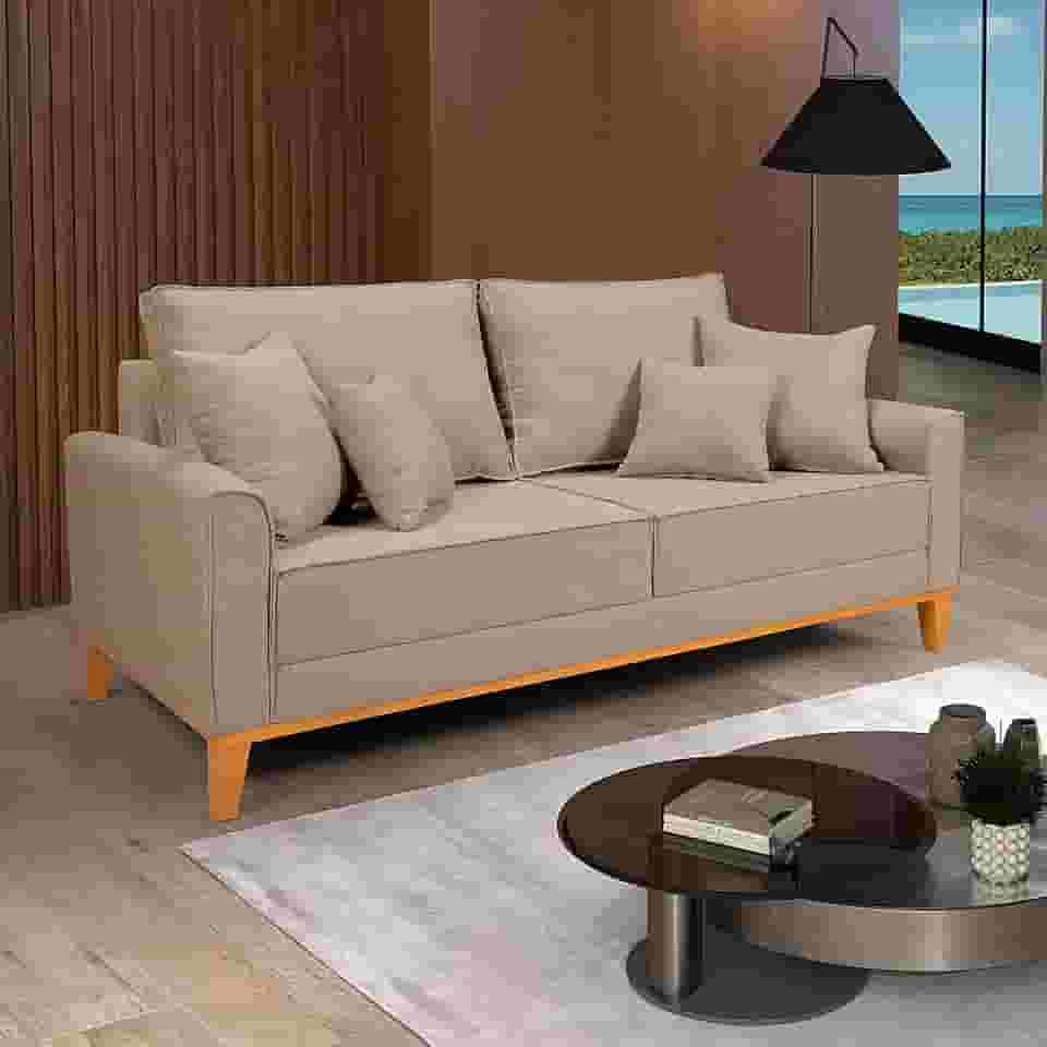 Sofá Living Beny 3 Lugares Linho Bege Fixo Sala Base Madeira