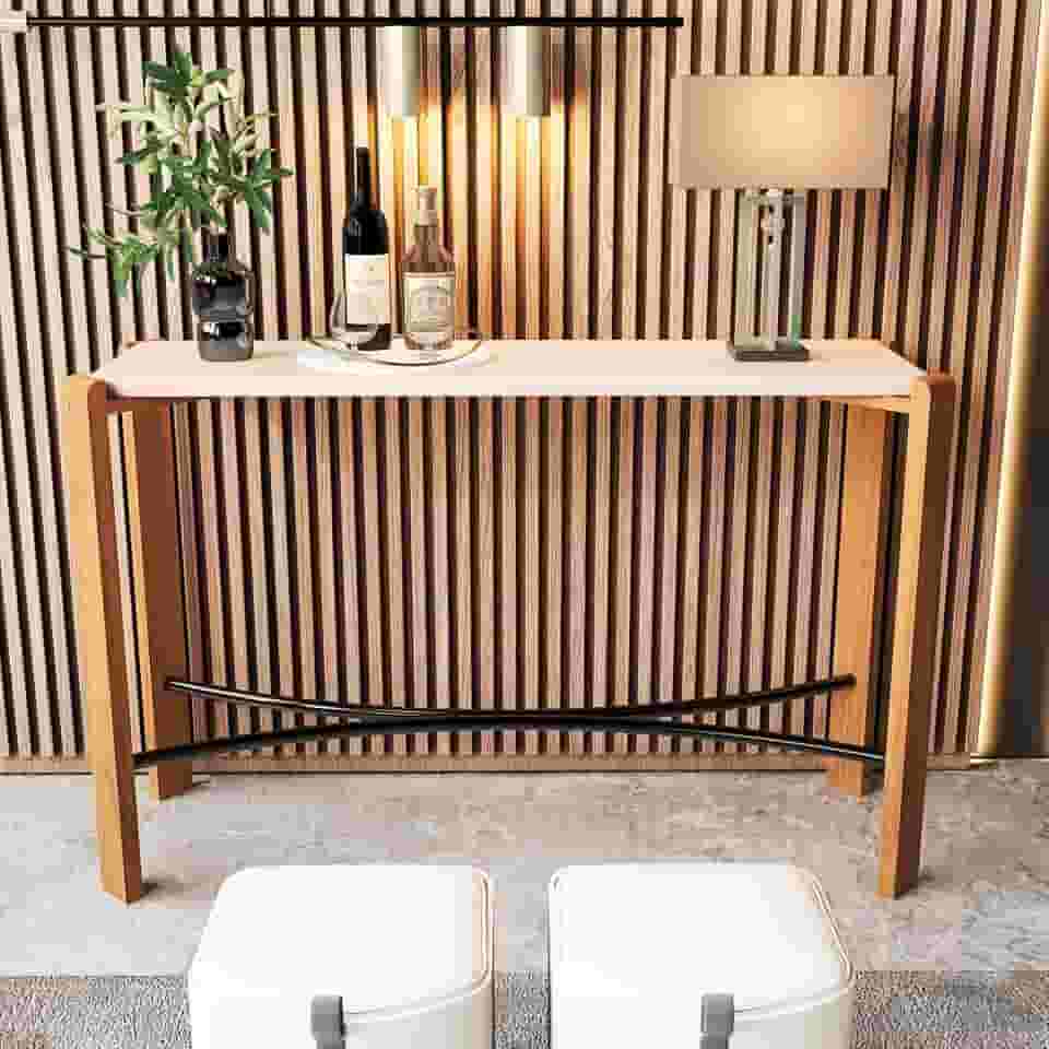 Aparador Austria Hall de Entrada Sala Pés de Madeira Detalhe em aço Tampo de Mdf Off White