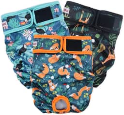 Fuz Bigaza Fraldas Laváveis para Cães (Pacote com 3), Fraldas Reutilizáveis para Cães para Período de Calor Canino, Fraldas Reutilizáveis para Cães Fêmeas (Girafa, Tucano, Raposa, Pequeno)
