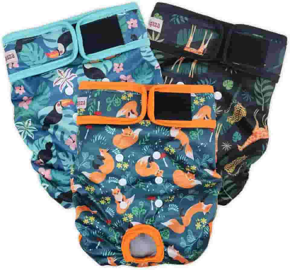 Fuz Bigaza Fraldas Laváveis para Cães (Pacote com 3), Fraldas Reutilizáveis para Cães para Período de Calor Canino, Fraldas Reutilizáveis para Cães Fêmeas (Girafa, Tucano, Raposa, Pequeno)