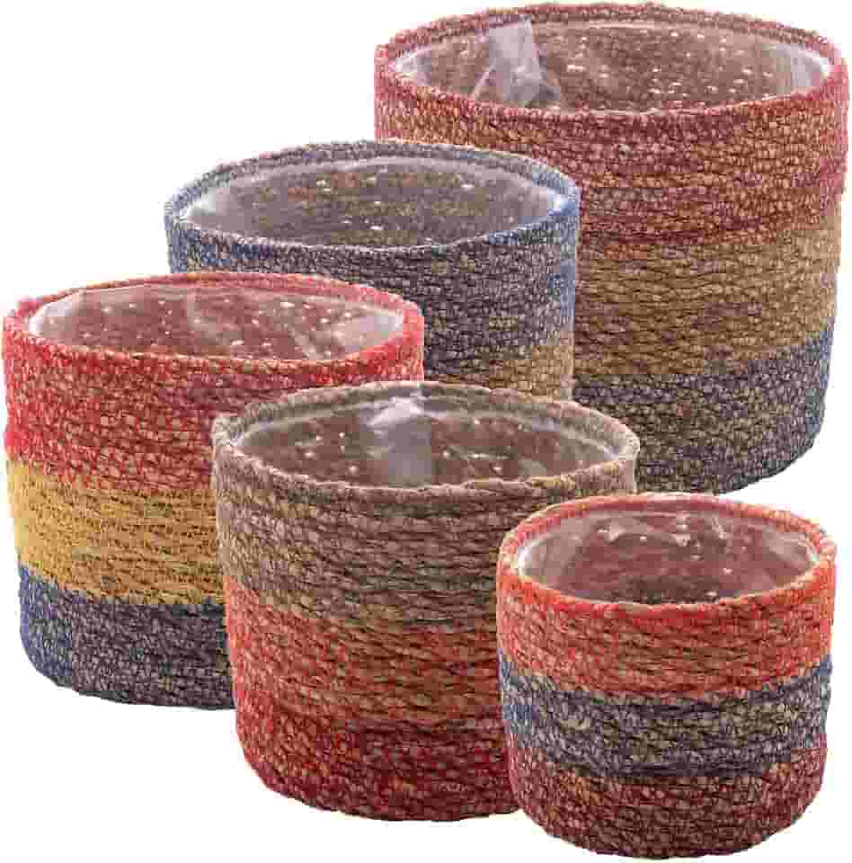 WOLFF - Conjunto 5 Cachepots de Fibra Natural com Forro de Plástico Colorido