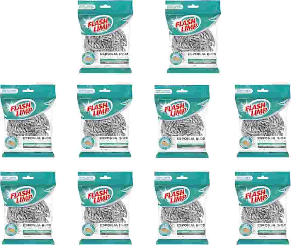 Flash Limp Kit Com 10 Esponjas Aço Inox Para Limpeza Pesada Ferro E Grelha Ea1409-10