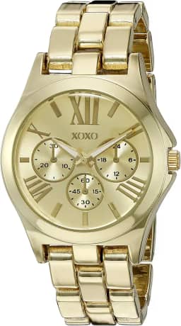 Relógio analógico feminino XOXO de quartzo dourado – estilo pulseira polida com mostrador numeral romano e submostradores decorativos – Inclui caixa de presente – caixa de 36 mm, Dourado, Relógio