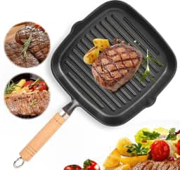 Frigideira quadrada de ferro fundido com bicos e cabo de madeira, grelha interna perfeita para bifes, hambúrgueres, vegetais – Funciona em fogões a gás e indução, superfície naturalmente antiaderente