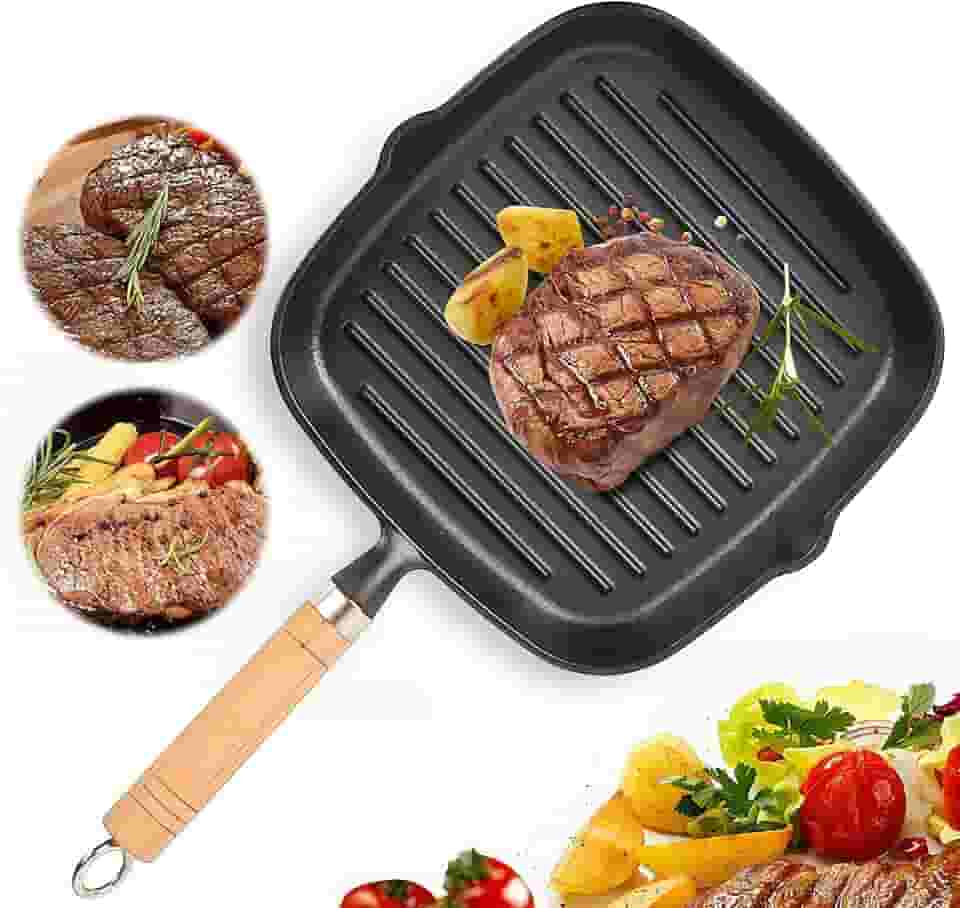 Frigideira quadrada de ferro fundido com bicos e cabo de madeira, grelha interna perfeita para bifes, hambúrgueres, vegetais – Funciona em fogões a gás e indução, superfície naturalmente antiaderente